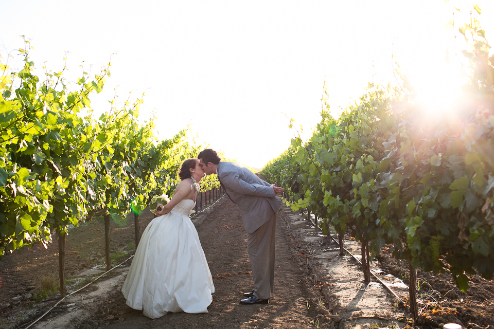 vines, vineyard, lens flare, kissing bride and groom, whimsical
