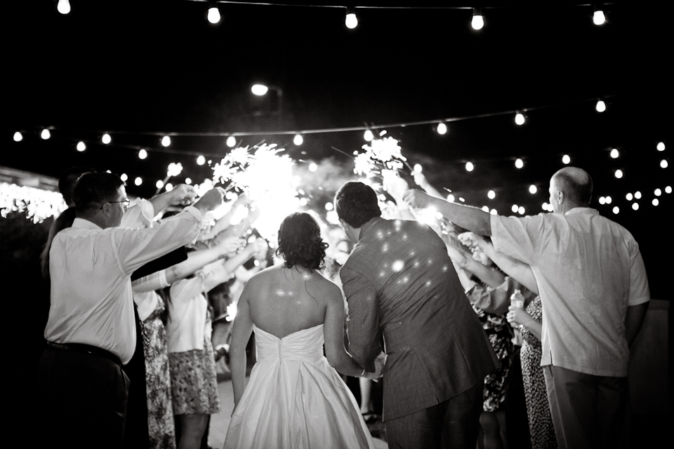 sparklers exit, bride and groom, wedding exit, black and white, backs