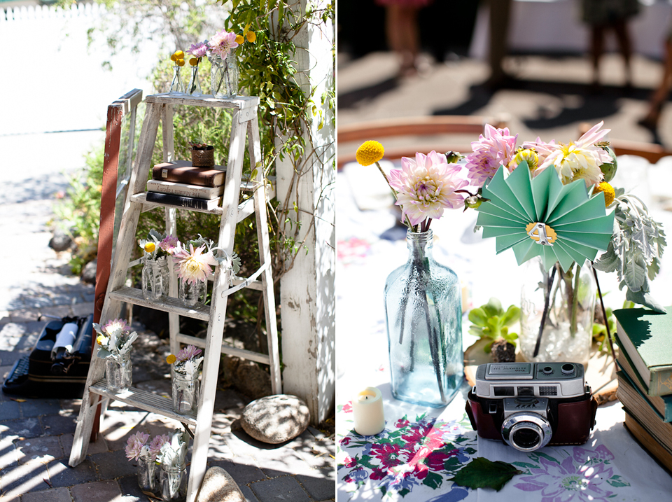 los laureles lodge, ladder, flowers, centerpieces, paper fan, vintage