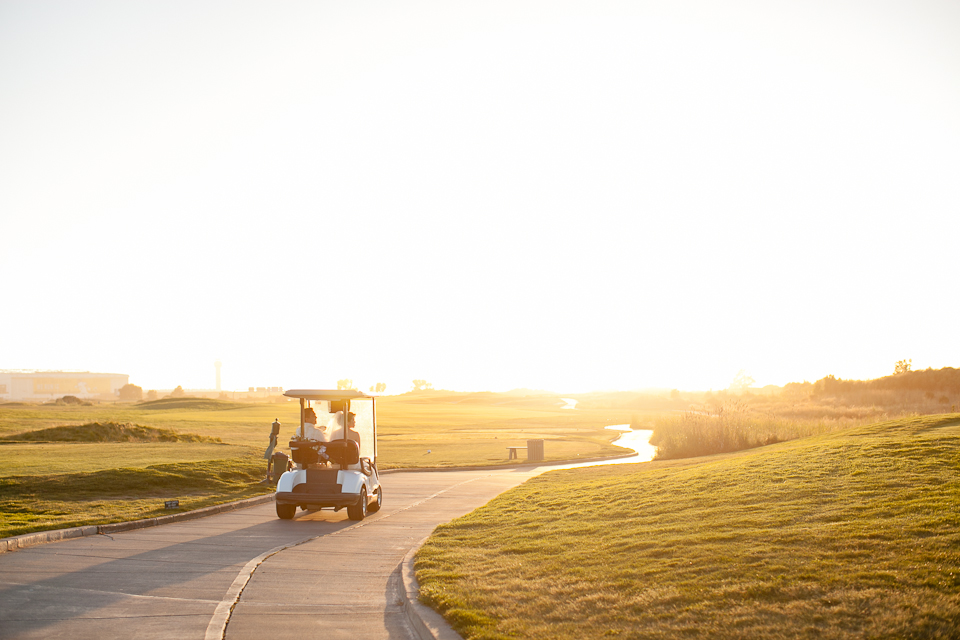 metropolitan golf course wedding, oakland wedding, jasmine lee photography, isabel + isabel, golf cart, golden light, infinite road, golf course road, bride and groom in golf cart