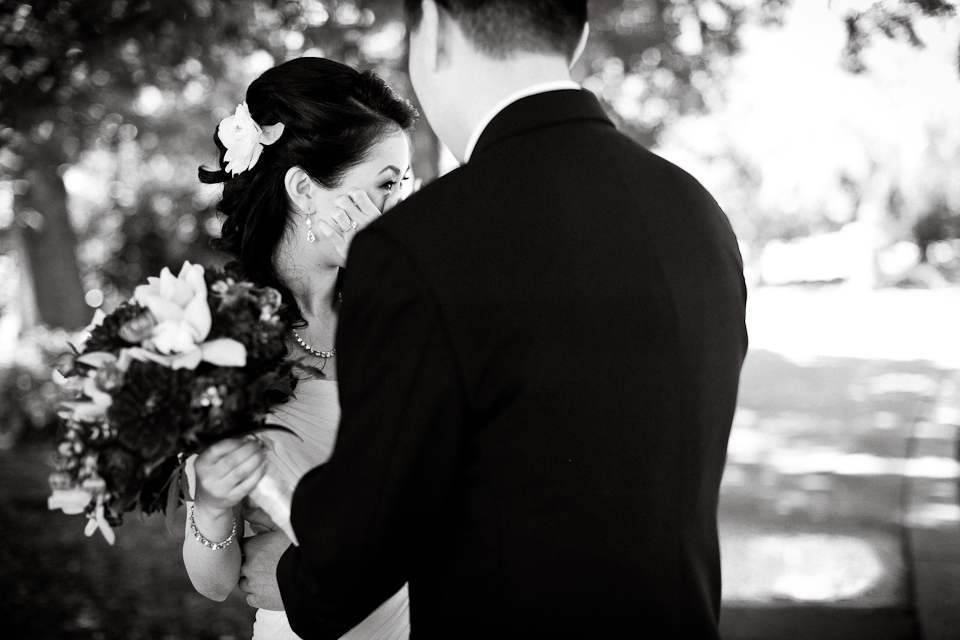 wedding first look, tiffany and lee, bride's glowing face, tears, westin hotel, millbrae