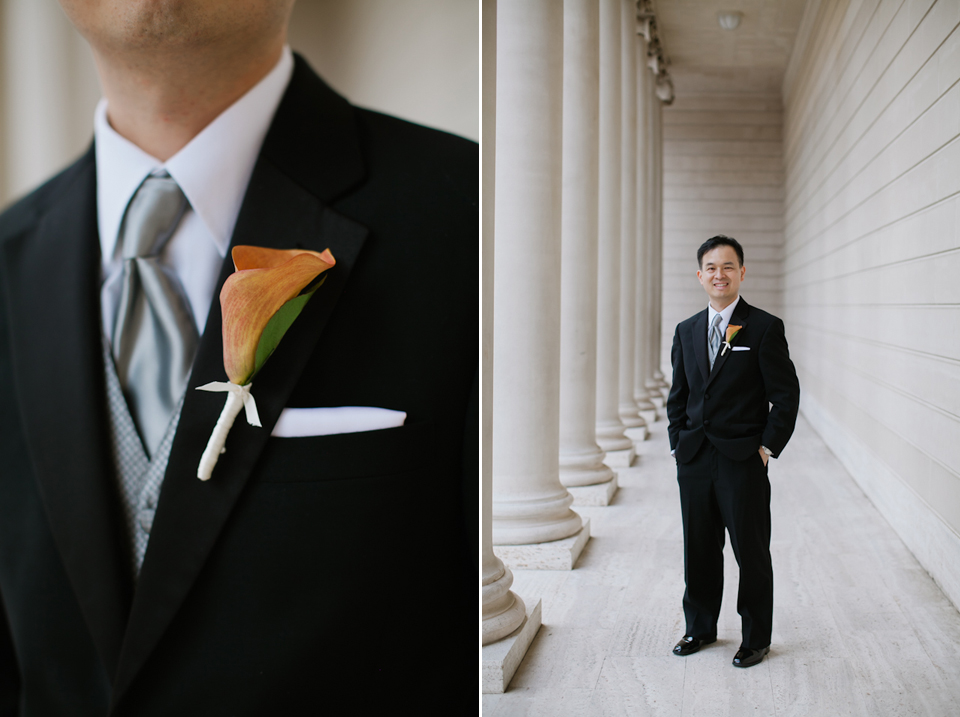 san francisco wedding photographer, legion of honor wedding, legion of honor bride and a groom, architecture wedding, columns, san francisco wedding photographer, groom, boutonneire