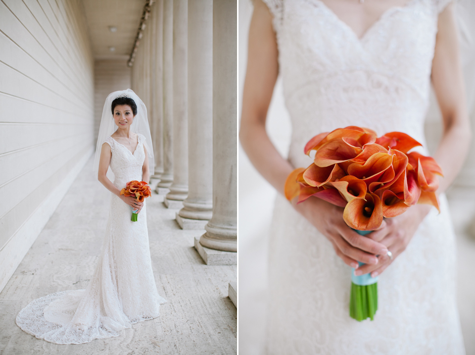 san francisco wedding photographer, legion of honor wedding, legion of honor bride and a groom, architecture wedding, columns, san francisco wedding photographer, bride, bouquet