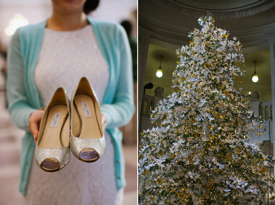 san francisco city hall civil ceremony photographer, ring exchange, city hall, civic center, san francisco engagement photographer, jimmy choo shoes, christmas crane tree