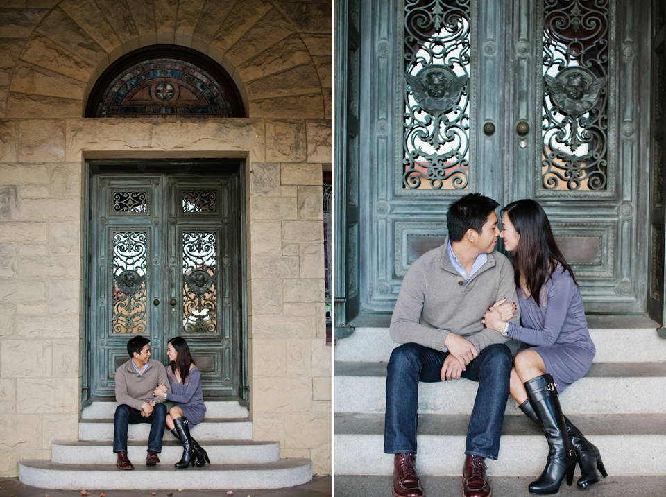 stanford engagement photographer, stanford university, palo alto engagement photographer, columns, couple, photos of couple, stanford memorial church, door steps couple, nose to nose, eskimo kiss