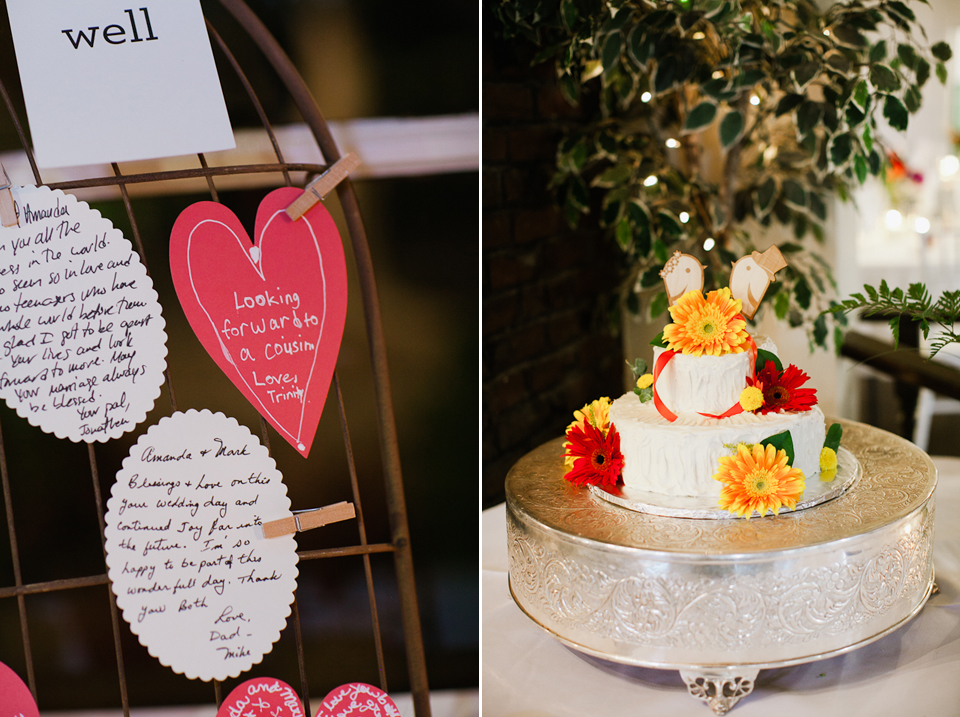 wedding details, love notes pinned with laundry clip, red velvet cake