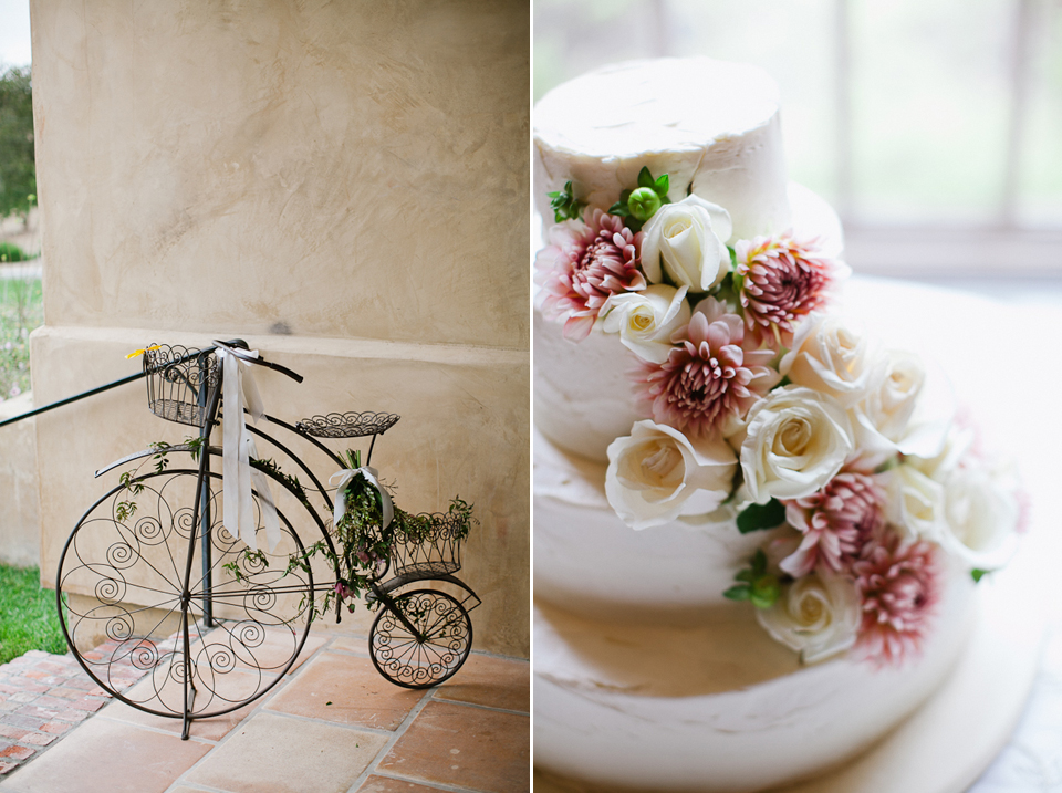 monterey wedding photographer, reception setting, whimsical reception, outdoor wedding reception, pasadera wedding reception, wedding cake, whimsical bicycle