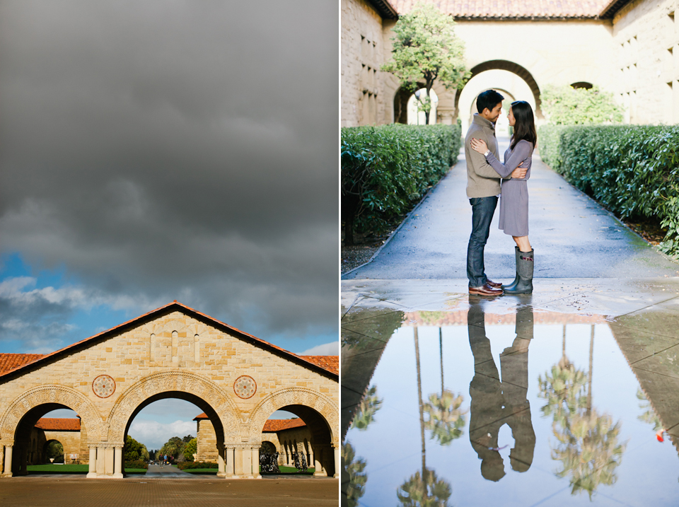 stanford engagement photographer, stanford university, palo alto engagement photographer, columns, couple, photos of couple, couple reflection in water