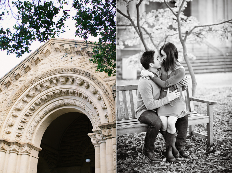stanford engagement photographer, stanford university, palo alto engagement photographer, columns, couple, photos of couple, rustic engagement, rainy day engagement, couple sitting lap