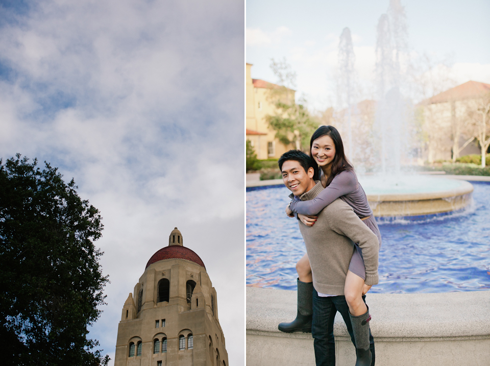 stanford engagement photographer, stanford university, palo alto engagement photographer, columns, couple, photos of couple, rustic engagement, rainy day engagement, umbrella couple, fountain, walking on fountain