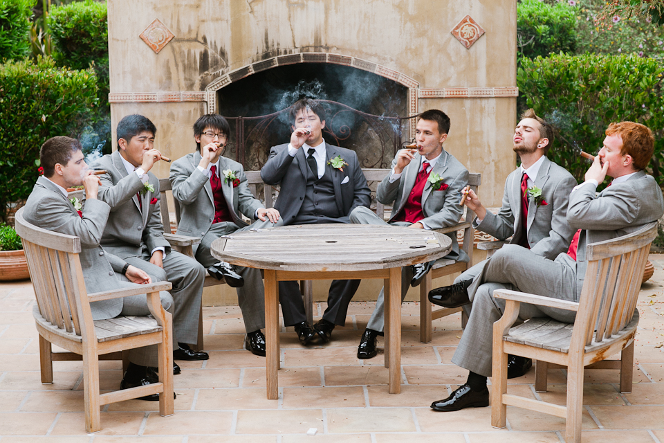 monterey wedding photographer, groom smoking cigars, groomsmen smoking cigars, smoke, wedding cigars