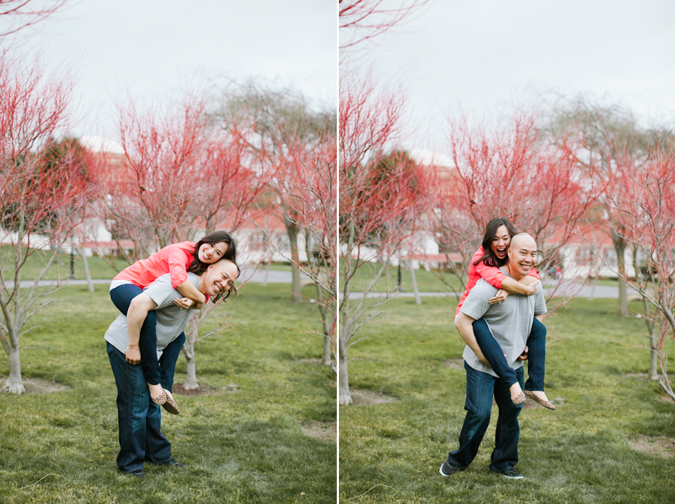 san francisco presidio engagement, Letterman Digital Arts Center, couple in front of river, wedding couple, ombre red trees, piggy back ride