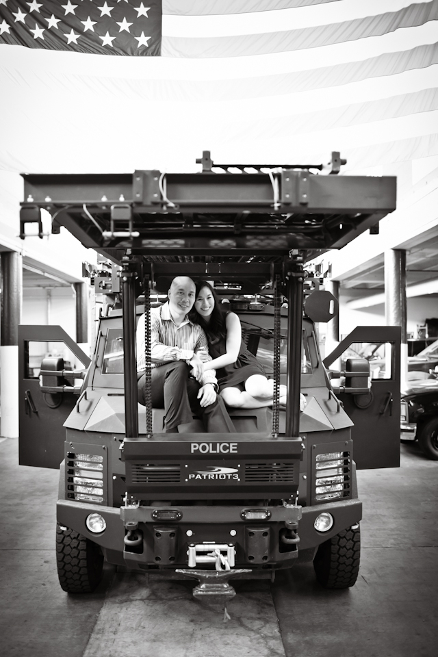 police officer, swat member, swat vehicle, armored vehicle, wedding couple, engaged couple in front of swat vehicle, san francisco swat