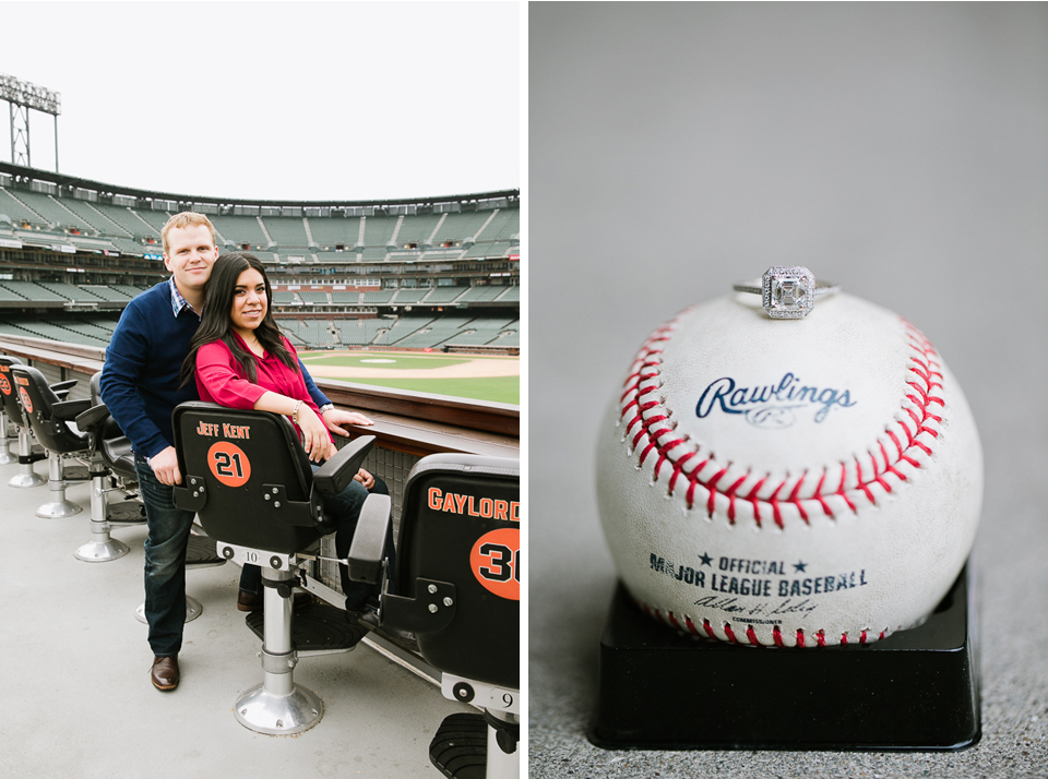  san francisco engagement session, san francisco engagement photographer, bay area wedding photographer, golden light, california wedding photography, jasmine lee photography, san francisco giants baseball engagement session, giants engagement session, photographing inside the ballpark, private tour engagement, mlb engagement, giants fans