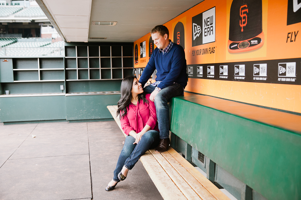  san francisco engagement session, san francisco engagement photographer, bay area wedding photographer, golden light, california wedding photography, jasmine lee photography, san francisco giants baseball engagement session, giants engagement session, photographing inside the ballpark, private tour engagement, mlb engagement, giants fans