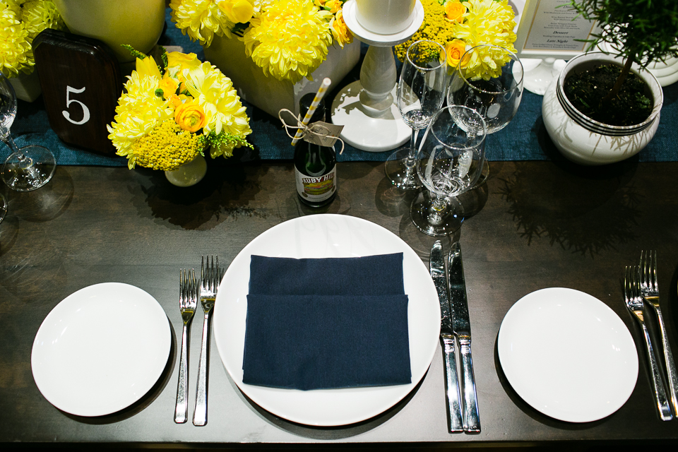 ceremony magazine, tabletop styled shoot, yellow and blue themed wedding reception, the petal company, casa real winery, jasmine lee photography