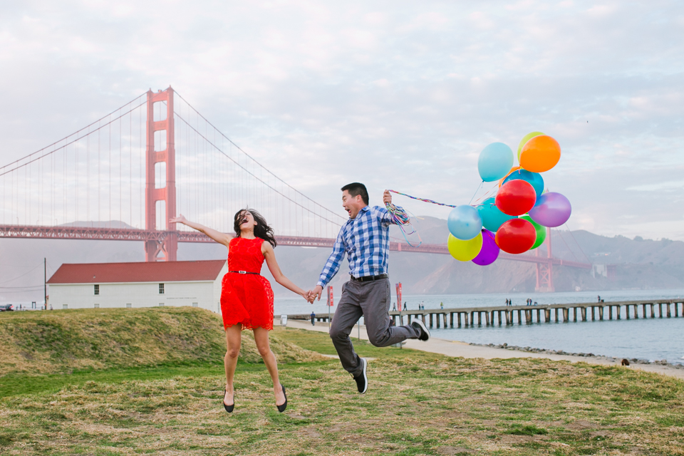 san francisco engagement session, golden gate park engagement, row boat engagement, bouquet of balloons on a boat, stow lake bridge, stow lake engagement, chrissy fields engagement, rock n roll couple, golden gate bridge, eat, drink, be merry, photobooth, save the dates, bay area wedding photographer, bay area engagement photography, jasmine lee photography