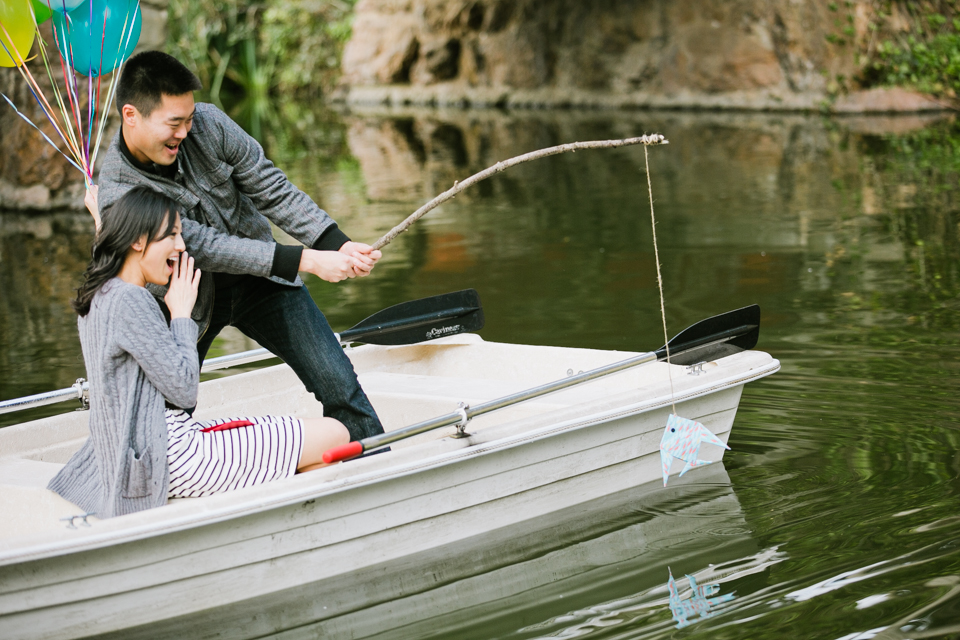 san francisco engagement session, golden gate park engagement, row boat engagement, bouquet of balloons on a boat, stow lake bridge, stow lake engagement, chrissy fields engagement, rock n roll couple, golden gate bridge, eat, drink, be merry, photobooth, save the dates, bay area wedding photographer, bay area engagement photography, jasmine lee photography