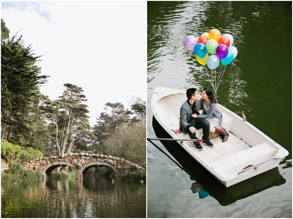 san francisco engagement session, golden gate park engagement, row boat engagement, bouquet of balloons on a boat, stow lake bridge, stow lake engagement, chrissy fields engagement, rock n roll couple, golden gate bridge, eat, drink, be merry, photobooth, save the dates, bay area wedding photographer, bay area engagement photography, jasmine lee photography