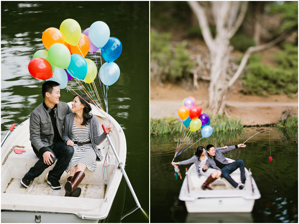 san francisco engagement session, golden gate park engagement, row boat engagement, bouquet of balloons on a boat, stow lake bridge, stow lake engagement, chrissy fields engagement, rock n roll couple, golden gate bridge, eat, drink, be merry, photobooth, save the dates, bay area wedding photographer, bay area engagement photography, jasmine lee photography
