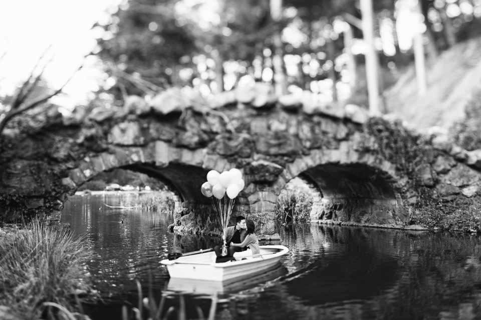 san francisco engagement session, golden gate park engagement, row boat engagement, bouquet of balloons on a boat, stow lake bridge, stow lake engagement, chrissy fields engagement, rock n roll couple, golden gate bridge, eat, drink, be merry, photobooth, save the dates, bay area wedding photographer, bay area engagement photography, jasmine lee photography