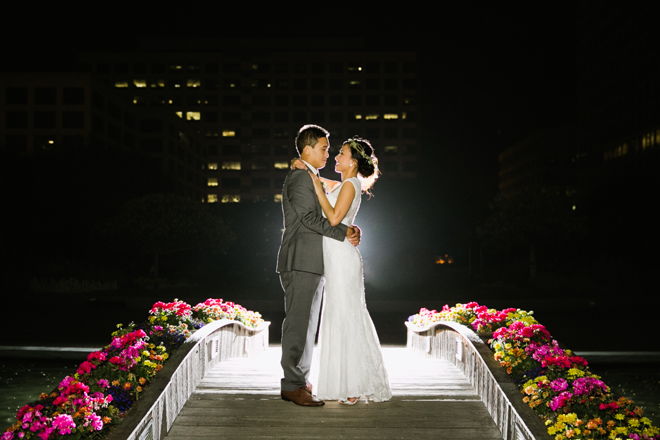 oakland wedding photographer, kaiser roof top garden wedding, oakland, lace details on dress, bride, lace covered back of bride's gown, off camera flash, creative images, happily married, diy arbor, bride and groom with dog, garden wedding, east bay wedding photographer, jasmine lee photography