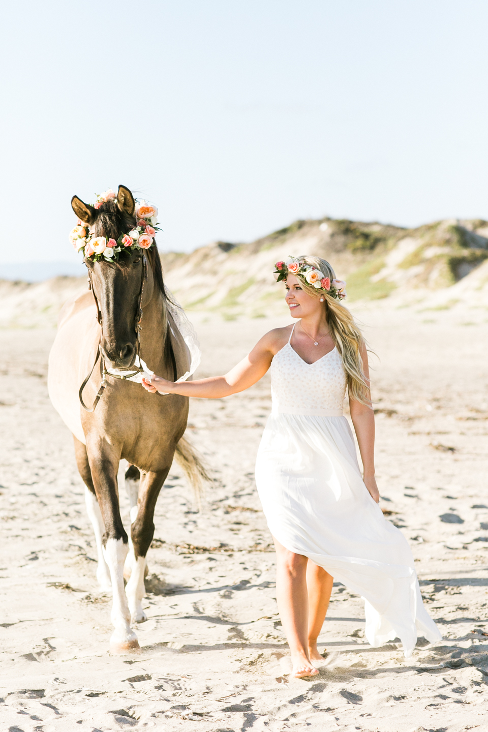 bohemian rustic beach horse engagement session, beach engagement session, engagement session with a horse, flower crown, sexy engagement session, lace tent, guitar, flower crown on horse, trash the dress, horse and bride running in water, austin and ryan, engaged and inspired, holman ranch, beautiful couple, modcloth dress, bride walking her horse, moss landings, zmudowski Beach, monterey beach, bohemian wedding, jasmine lee photography