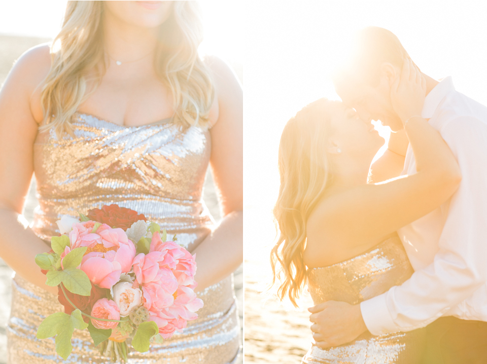 san francisco engagement photographer, golden light photographer, trash the dress, baker beach engagement, palace of fine arts, dogs, save the date, etsy, water, waves, pink peony bouquet, gold sequin maxi dress, chic engagement session, bay area wedding photography, jasmine lee photography