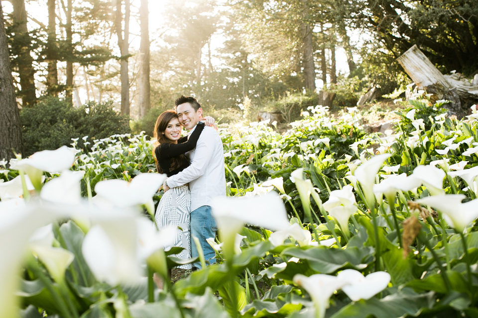 san francisco engagement session, golden light, golden gate park, stow lake, conservatory of flowers, morning lavender, yellow and purple, peach sapphire rose gold engagement ring, american cocker spaniel, flower fields, wild flower field engagement session, whimsical engagement session, bay area wedding photographer, san francisco engagement photography, jasmine lee photography