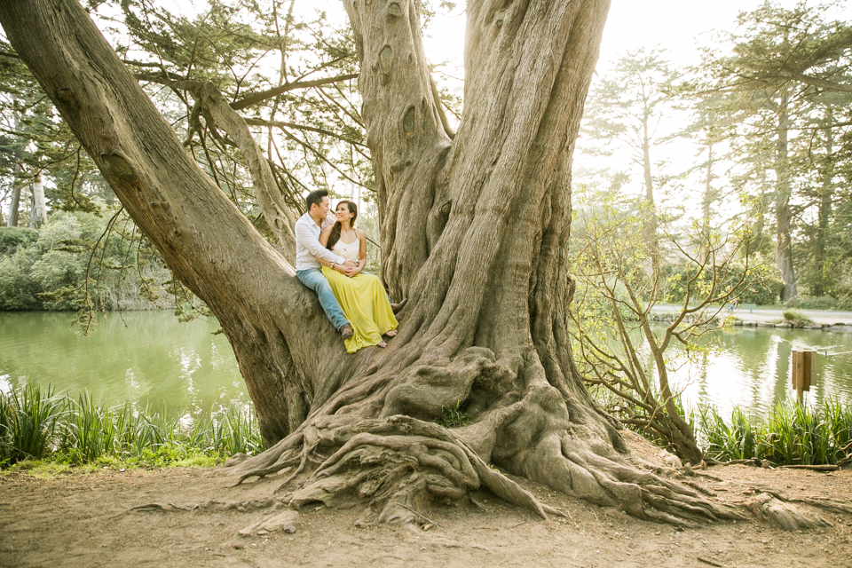 san francisco engagement session, golden light, golden gate park, stow lake, conservatory of flowers, morning lavender, yellow and purple, peach sapphire rose gold engagement ring, american cocker spaniel, flower fields, wild flower field engagement session, whimsical engagement session, bay area wedding photographer, san francisco engagement photography, jasmine lee photography
