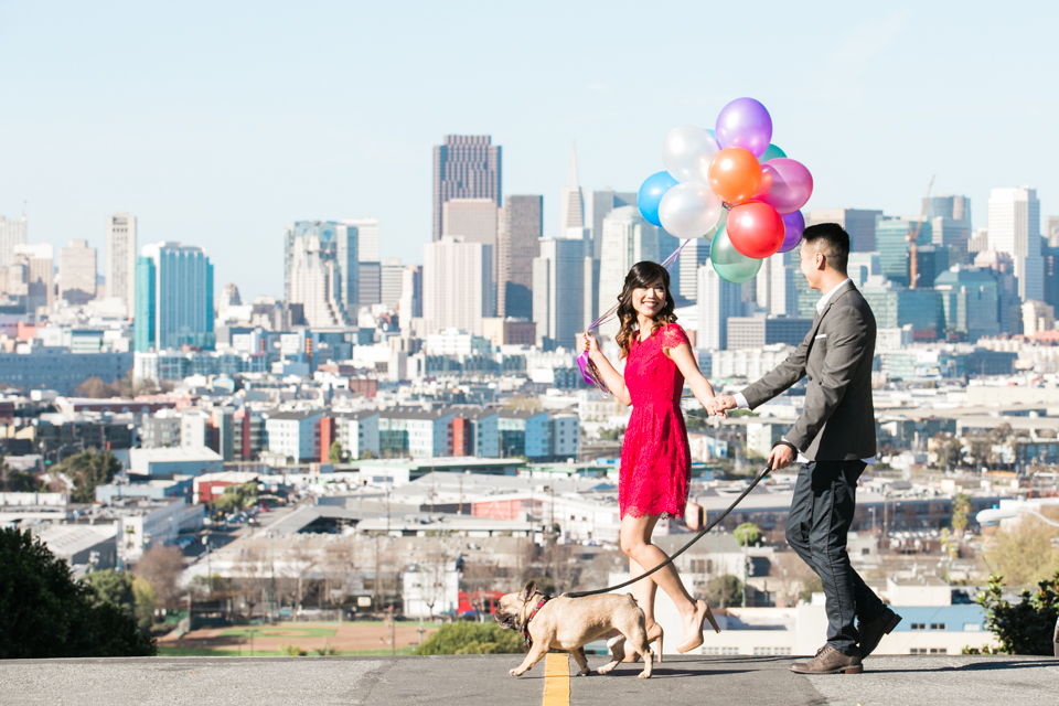 san francisco engagement session, potrero hill skyline engagement session, urban engagement session, conservatory of flowers, flower field engagement session, golden light, french bull dog, balloons, props, romantic engagement session, bay area wedding photographer, jasmine lee photography