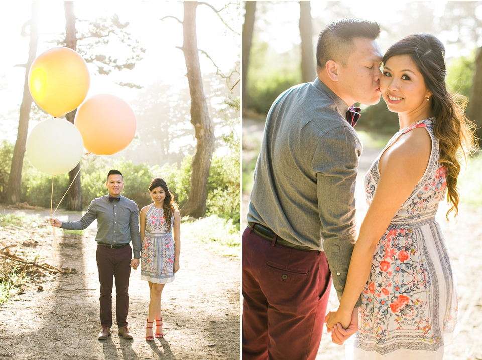 golden gate park engagement session, retro vintage bicycle, weather balloons, golden light, picnic theme engagement, flower fields, calla-lily flower field, stylish couple, bay area wedding photographer, san francisco engagement session, jasmine lee photography