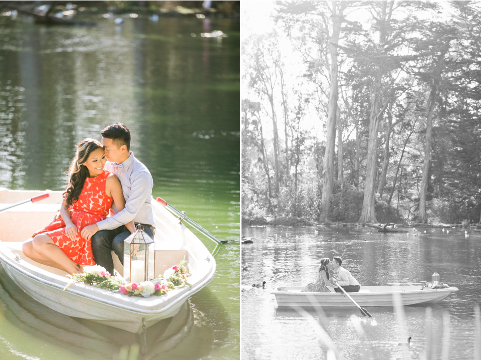 golden gate park engagement session, stow lake engagement session, row boat engagement session, golden light, nature, lake, baker beach engagement session, picnic on the beach, diy, pillows, beach theme, san francisco engagement photographer, bay area wedding photography, jasmine lee photography