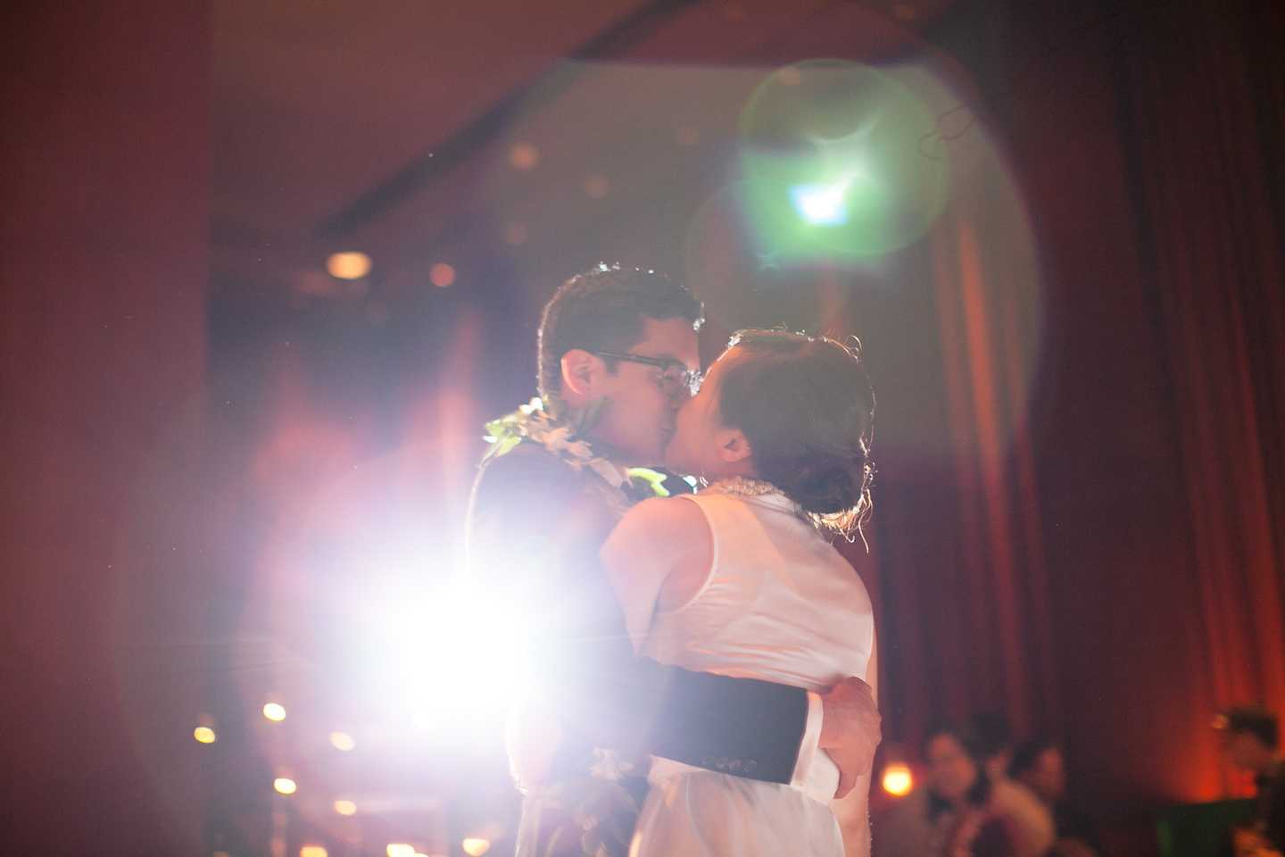 first dance, off camera flash, lens flare, kiss, Clift Hotel Wedding - San Francisco CA