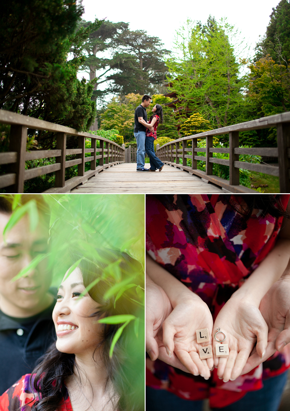 tiffany and lee, Japanese Tea Garden, engagement sneak peek, scrabble letters, shoot through bamboo, bridge, golden gate park, san francisco engagement