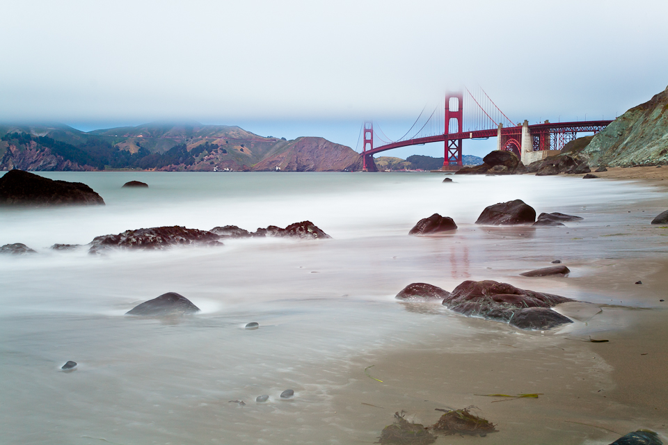 long exposure, photography, golden gate bride, beach, marshall beach, crashing waves, daylight long exposure photography, fog, overcast, san francisco, ca