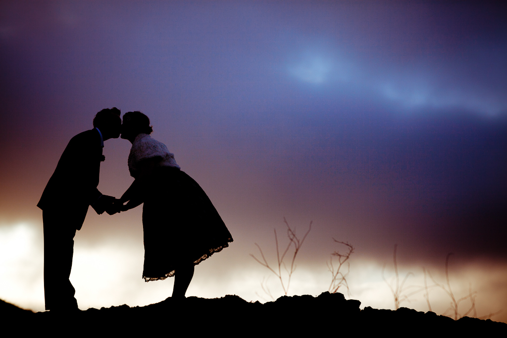 karin and craig, bernal heights, post wedding photoshoot, silhouette couple against sunset sky, day of the dead theme photoshoot