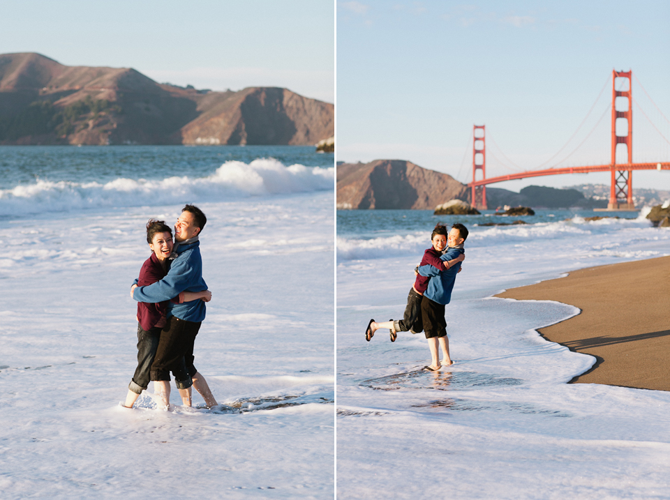 Engagement Session Baker Beach, silvia and kwok, couple in the water, couple in the ocean, golden gate bridge, beach engagement, couple having fun in water