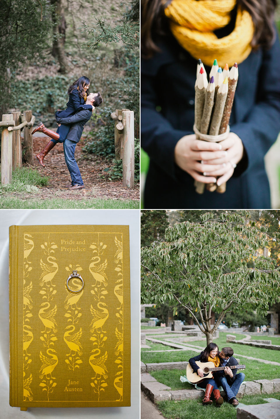 stern grove engagement, san francisco, anthropologie props, wedding, engagement ring, rustic bride, rustic engagement session, large wooden pencils, guitar engagement, drawing engagement