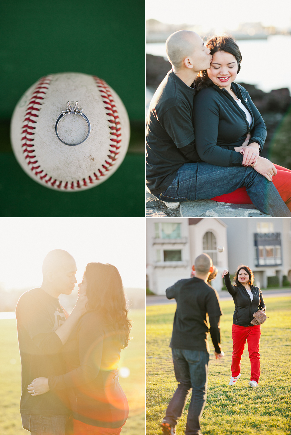 crissy fields, san francisco engagement, beautiful golden light, baseball, engagement ring, romantic, sensual, fun couple, throwing a baseball to each other