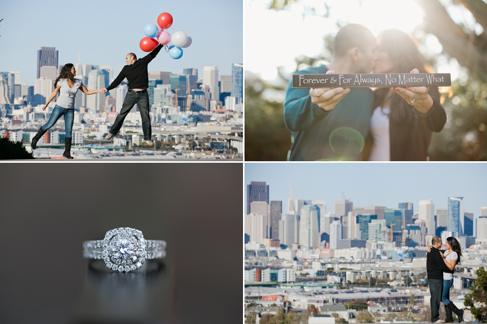 san francisco engagement photographer, balloon engagement, engagement ring, potrero hill, san francisco view, golden light, fun engagement photographer