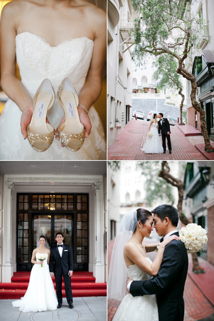 san francisco wedding photographer, bride and groom, mark hopkins intercontinental hotel wedding, jimmy choo glitter shoes, gorgeous wedding couple