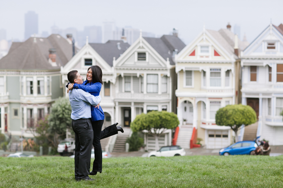 san francisco engagement photographer alamo square, full house, engaged couple, fun laughter, painted ladies engagement, creative engagement photos, candid engagement photos