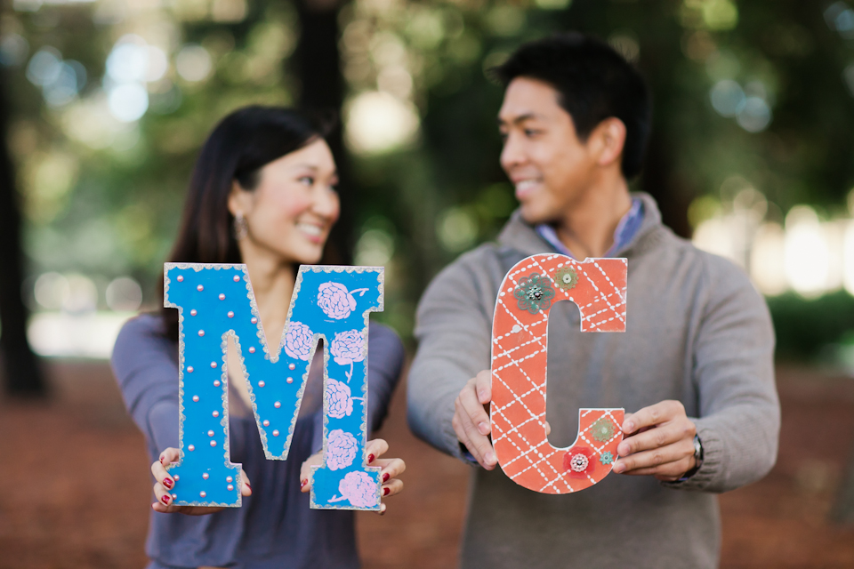 stanford engagement photographer, stanford university, block letters, m letter, c letter, couple, bokeh, couple looking at each other, palo alto engagement photographer