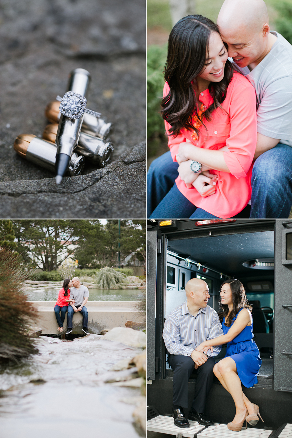 police officer engagement session, creek engagement, backlight couple, engagement ring with bullets, in the moment engagement photos