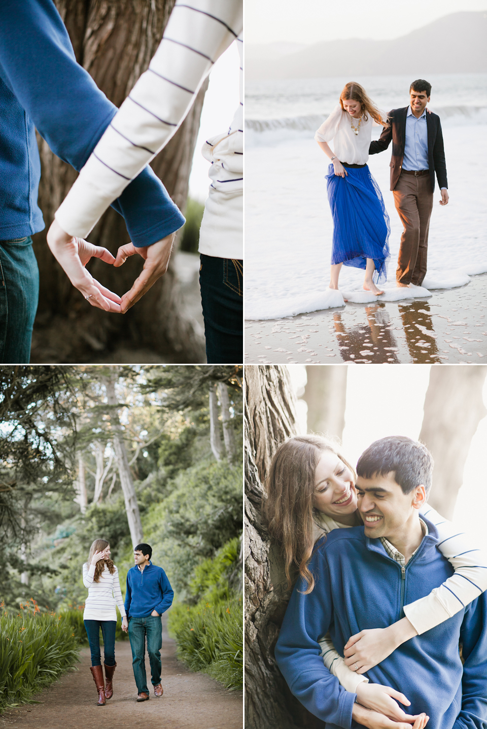 engagement photos on beach, couple walking on beach in water, heart shape with hands, rustic engagement session