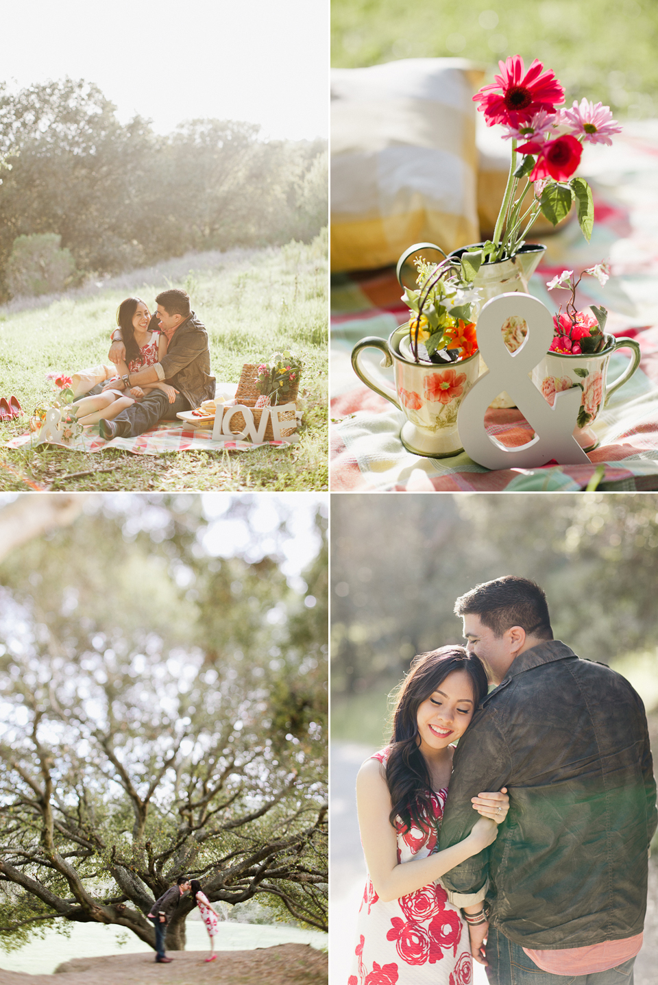 romantic lighting, vintage diy, vintage cups, flowers, picnic basket, super cute picnic engagement session, gabi and josh