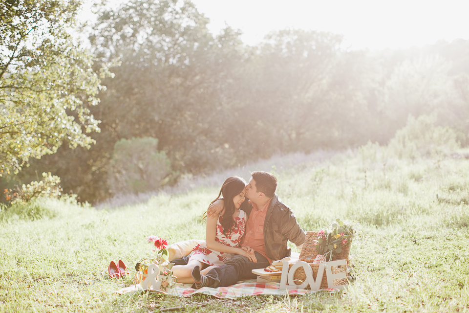 lafayette reservoir engagement session, picnic engagement session, picnic basket props, flowers, vintage cups and flowers, love letters, airy golden light, beautiful engaged couple