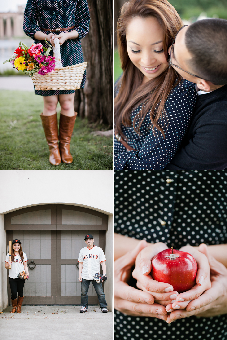 twilight engagement, picnic themed engagement, giants baseball engagement, ring on apple, san francisco engagement