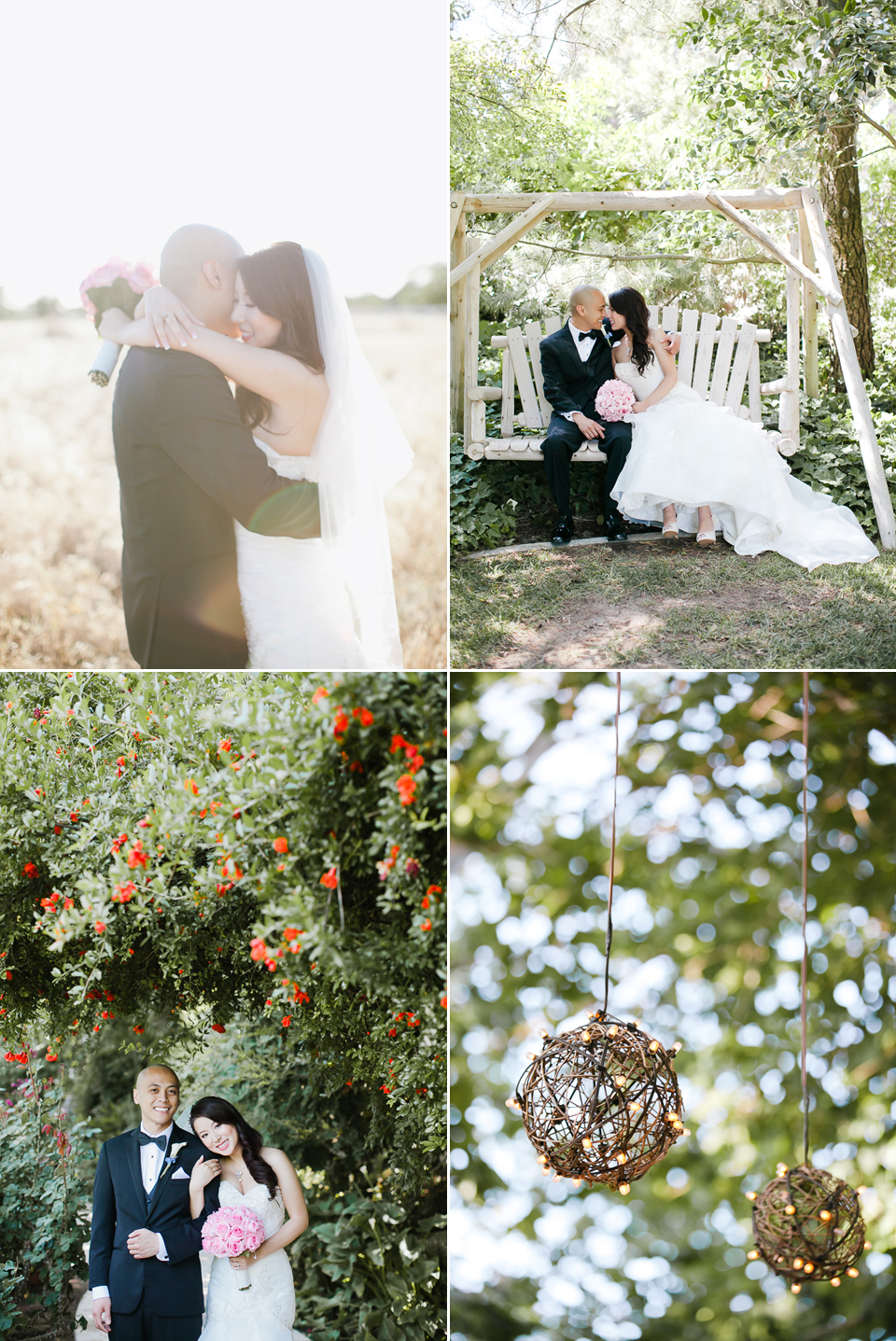 brownstone gardens wedding, oakley wedding, bride and groom wedding, rustic wedding, dried grass wedding, wicker ball decorations, bride and groom and in wooden swing, golden light